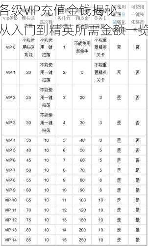 各级VIP充值金钱揭秘：从入门到精英所需金额一览