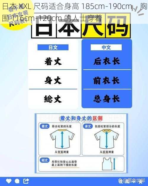 日本 XXL 尺码适合身高 185cm-190cm、胸围 116cm-120cm 的人士穿着