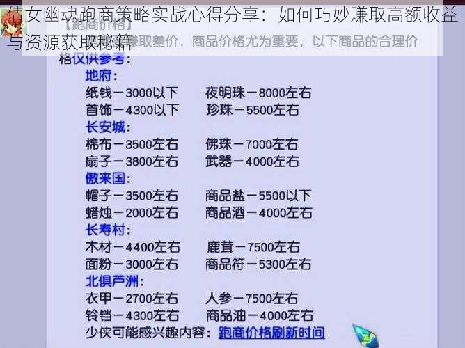 倩女幽魂跑商策略实战心得分享：如何巧妙赚取高额收益与资源获取秘籍